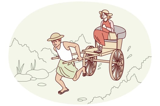 Man pulling rickshaw with woman sitting. Guy with wheeled cart riding female client outdoors. Vector illustration.