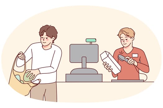 Man buying groceries in supermarket. Cashier beep sell products to male client in store. Consumerism and shopping. Vector illustration.