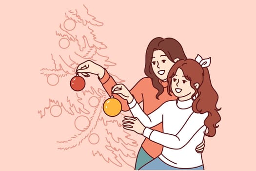 Mom and daughter decorate christmas tree, decorating branches with gift balls and garlands. Happy family preparing for christmas holidays together using bright new year attributes.