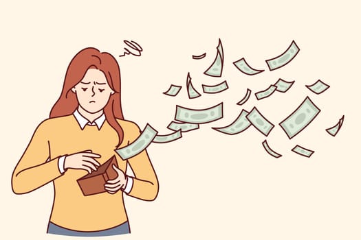 Woman is sad because of money flying out of wallet, symbolizing unplanned expenses or interest on loan. Frustrated girl needs financial literacy courses to learn how to save money.