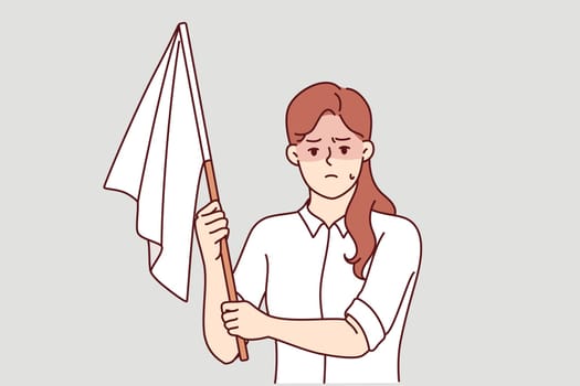 Businesswoman capitulates and shows white flag, sensing lack of opportunities to avoid bankruptcy. Concept of financial problems and economic crisis causing unemployment and bankruptcy entrepreneurs