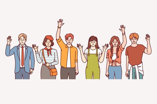 People greet and wave, inviting you to join multicultural community of college students. People in different clothes say hi and look at screen with positive emotions wanting to make friends