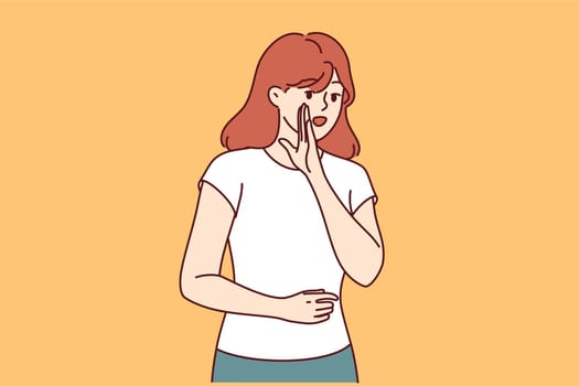 Woman shares secret information and puts hand near mouth to voice important message. Girl in casual clothes wants to gossip and tell about secret sale or way to save money on shopping