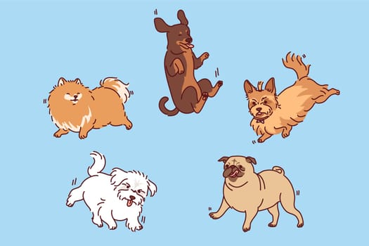 Dogs and puppies of different breeds fly in air with various emotions for concept veterinary clinic or pet products. Hovering dogs to advertise zoo services or nurseries to find new homes for puppies