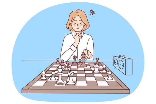 Smart girl playing chess. Clever young woman sit at desk enjoy logical board game. Knowledge and hobby. Vector illustration.