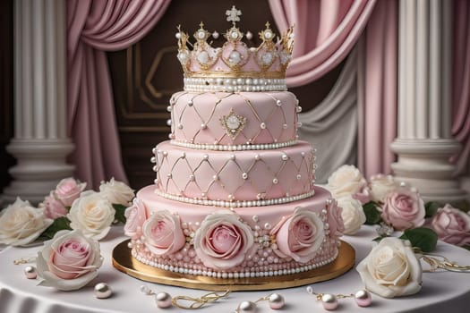 Wedding cake decorated with pink roses and gold crown on the table. ai generative