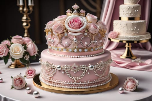Wedding cake decorated with pink roses and gold crown on the table. ai generative