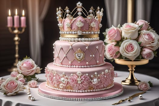 Wedding cake decorated with pink roses and gold crown on the table. ai generative