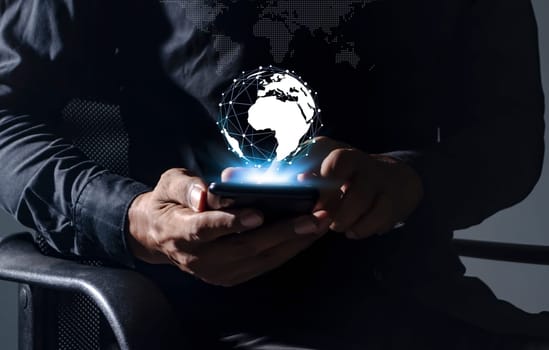 Connecting and communicating people through the network of the Internet, Business man with smartphone mobile, Networking people concept, People's work and transactions occur online and on the internet.