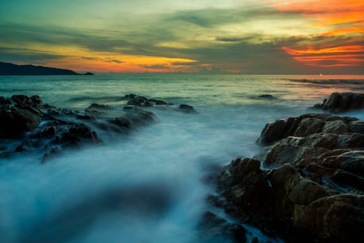 Seascape landscape nature with color of cloud sunset and sky, Green Reings Supreme, Trend color of the year background