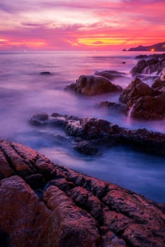Seascape landscape nature with color of cloud sunset and sky, Pacific Pink, Trend color of the year background