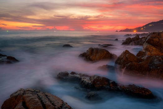 Seascape landscape nature with color of cloud sunset and sky, Calming coral, Orange, Trend color of the year background