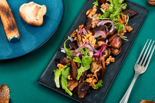 Homemade salad with roasted mushroom, red onion, herbs and walnuts. Healthy vegetarian food