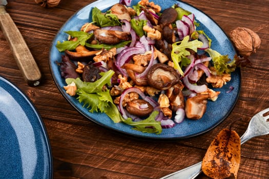 Homemade salad with roasted mushroom, red onion, herbs and walnuts. Healthy vegetarian food