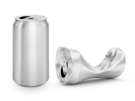 open can of beverage and Compressed cans isolated on a white background