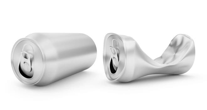 open can of beverage and Compressed cans isolated on a white background