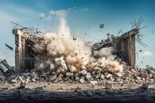 Building demolition by implosion.Smoke rise from burning bombed destroyed building. Airstrike on the city, burning houses. AI generated