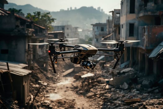 Drone flying over the demolished city.Advanced drones are used for both drone strikes and battlefield intelligence. AI generated
