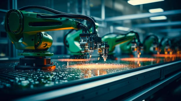 Automatic robot for print circuit board at modern factory, industry 4.0.Electronic Devices Production Industry. Component Installation on Circuit Board. AI generated
