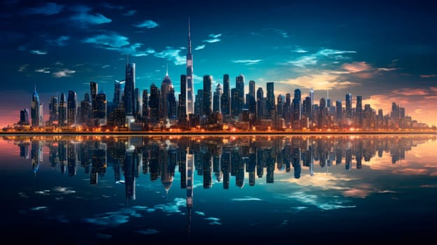 Sparkling city skyline reflected in a glassy lake, smart city. A futuristic night city panorama with reflection on a calm water. AI generated