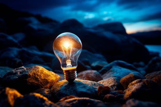 A glowing light bulb leaning on a rock at a background of night beach. AI generated
