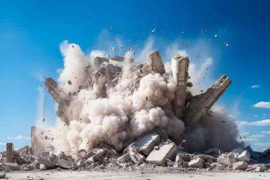 Building demolition by implosion.Smoke rise from burning bombed destroyed building. Airstrike on the city, burning houses. AI generated