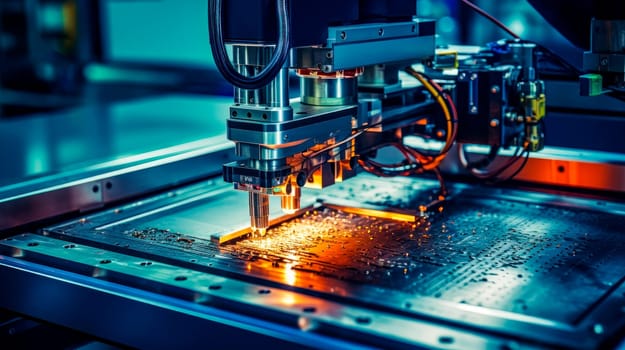 High precision CNC laser cutting metal sheet, close up view. Advanced High Precision Robot  on Fully Automated Modern  Factory. AI generated