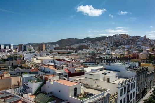 Panoramic top view of the capital Las Palmas Gran Canaria in Spain with blue sky