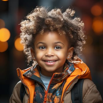 Portrait of a happy black african girl, smiling child face, childhood concept, positive emotion, colorful background