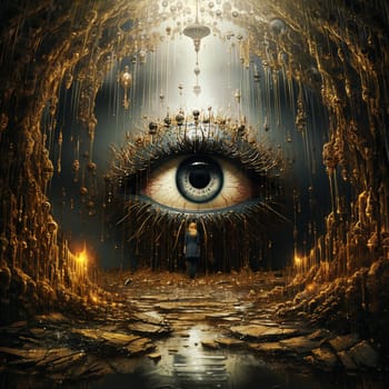 Woman stands in front of a huge eye in a tunnel, hypnosis and control, manipulation by media, optical illusion, influence and consciousness