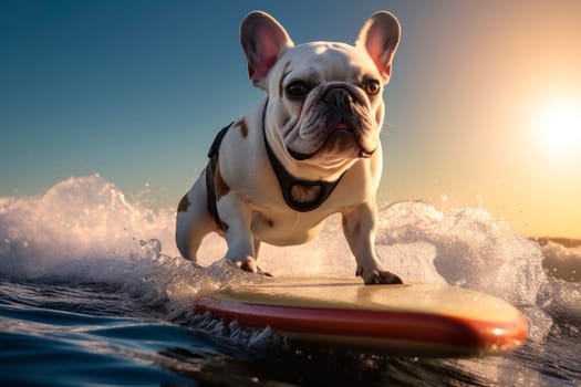 A cute french bulldog surfing on a surfboard on gentle waves.AI generated