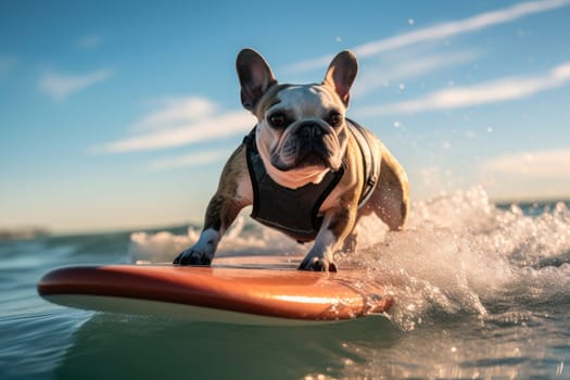 A cute french bulldog surfing on a surfboard on gentle waves.AI generated