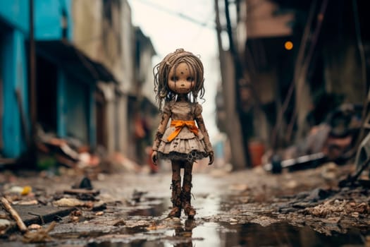 Frightened old dirty doll standing on a street of War destroyed city. Horribleness of war. The concept of the horrors of military conflicts. War and children concept. AI generated