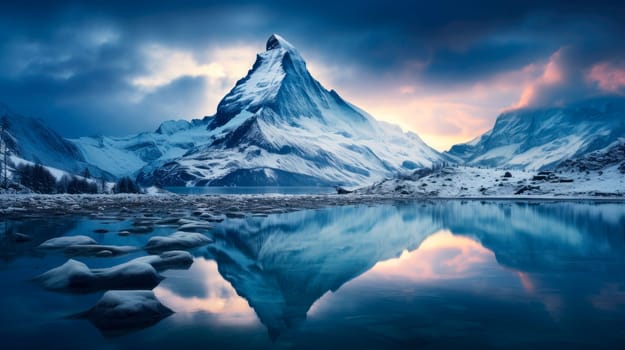 Snow covered peaks tower above a frozen lake, their reflections shimmering in the icy water below.  Winter mountain lake  in snow landscape. Snow landscape on winter mountains.AI generated