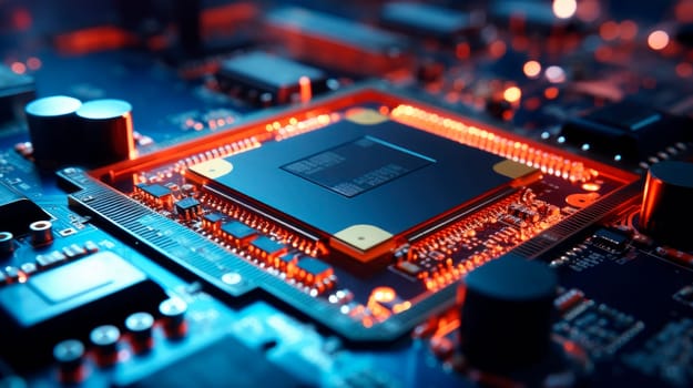 High tech electronic PCB. Printed circuit board with processor and microchips. Close-up view of a modern GPU card with circuit and  lights. AI generated