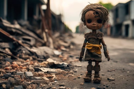 Frightened old dirty doll standing on a street of War destroyed city. Horribleness of war. The concept of the horrors of military conflicts. War and children concept. AI generated