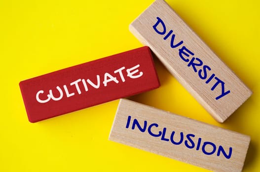 Top view of wooden blocks with text - Diversity, inclusion and equity. Diversity concept
