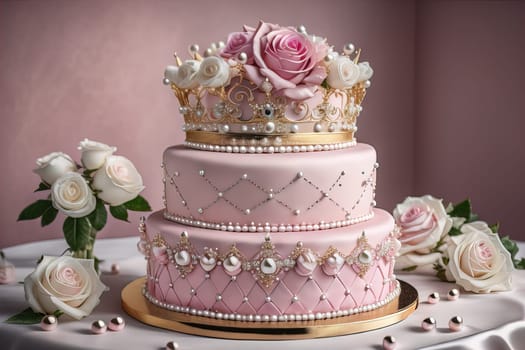 Wedding cake decorated with pink roses and gold crown on the table. ai generative