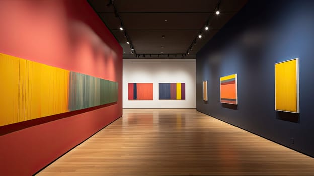 contemporary art gallery with absract colorfield artworks on the walls, AI generated