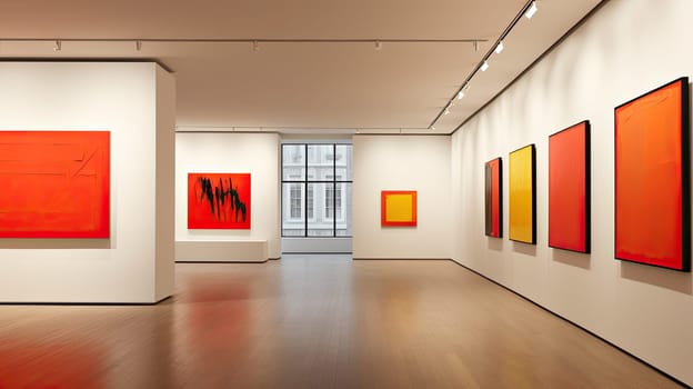 contemporary art gallery with absract colorfield artworks on the walls, AI generated