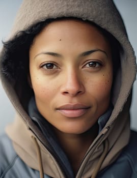 Photo of a multiracial woman wearing a hoodie looking directly at the camera, AI generated