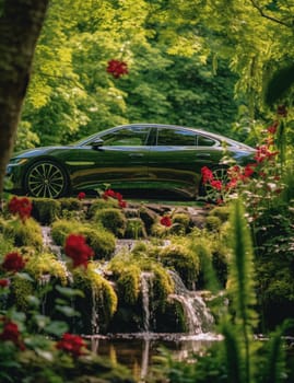 luxury electric car in outdoor setting, AI generated