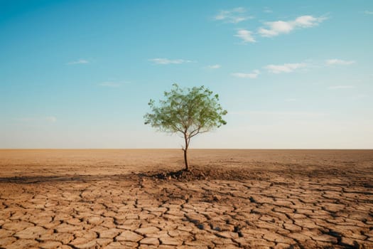 A green tree grows on dry and cracked ground. Desert landscape with a green tree as a metaphor for global warming and climate change. A warning for the need to protect our environment. AI generated