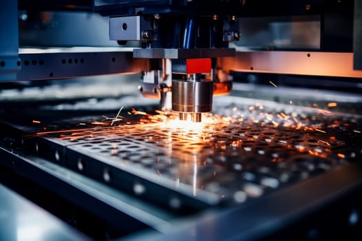 High precision CNC laser welding metal sheet, high speed cutting, laser welding, laser cutting technology. Milling machine working on steel detail with lot of sparks.AI generated