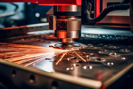 High precision CNC laser welding metal sheet, high speed cutting, laser welding, laser cutting technology. Milling machine working on steel detail with lot of sparks.AI generated
