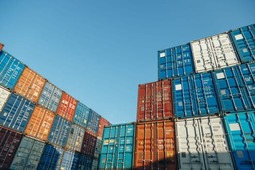Shipping Containers terminal from Cargo freight ship for import export, logistic and international delivery concept.