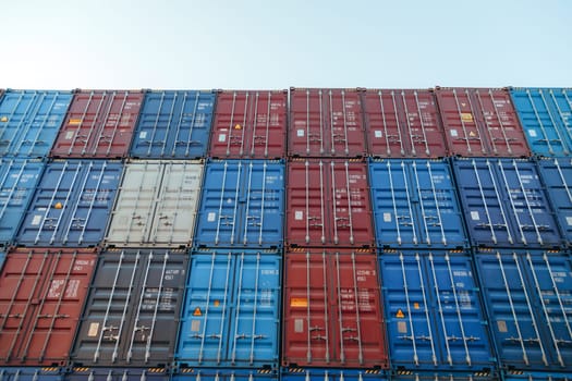 Shipping Containers terminal from Cargo freight ship for import export, logistic and international delivery concept