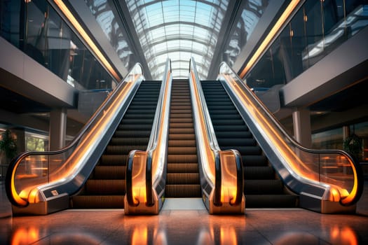 Escalator in modern shopping mall. Modern luxury escalators with staircase at airport or supermarket. AI generated