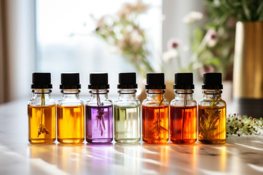 Essential oils in a small bottles with a natural ingredients. Selection of essential oils on a table in a bright room. AI generated