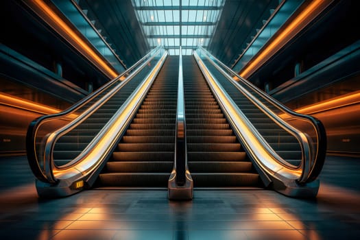 Escalator in modern shopping mall. Modern luxury escalators with staircase at airport or supermarket. AI generated